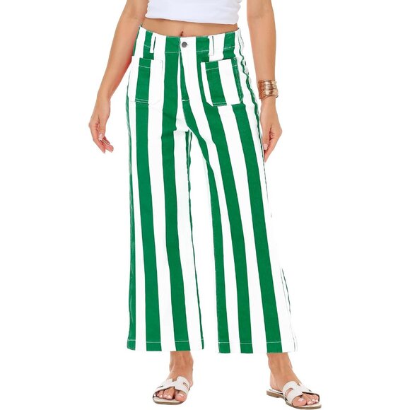 Women Striped Cropped Jeans Stretchy High Waist Wide Leg Pants Casual - Picture 5 of 7